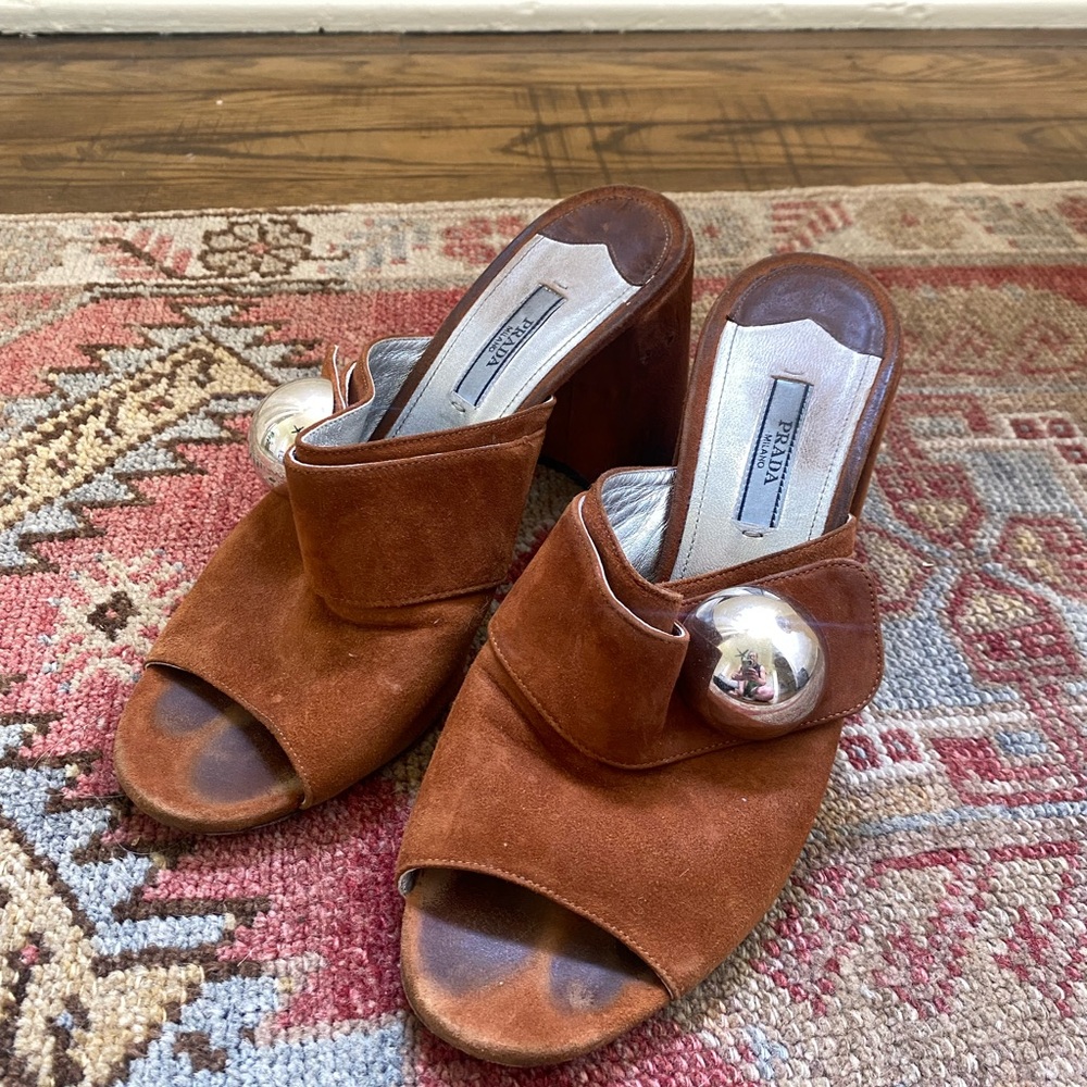 Prada Brown and Silver Mules with Block Heel
